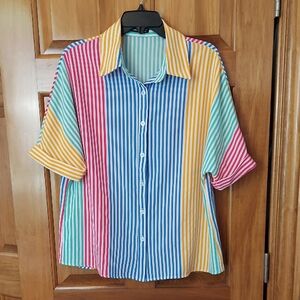 • Greathe Colorful Striped Button-Up Short Sleeve Shirt, Like New